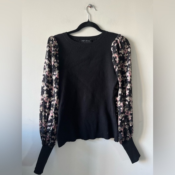 Avery Rayne - Kyna Contrast Velvet Puff Sleeve Round Neck Sweater - Picture 4 of 9